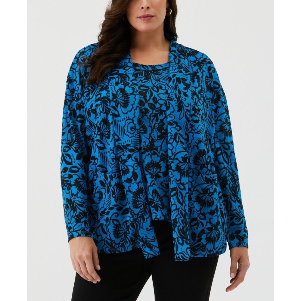 ELLA Rafaella Plus Size 1X Blue Eco Floral Print Roll Collar Draped Cardigan $89